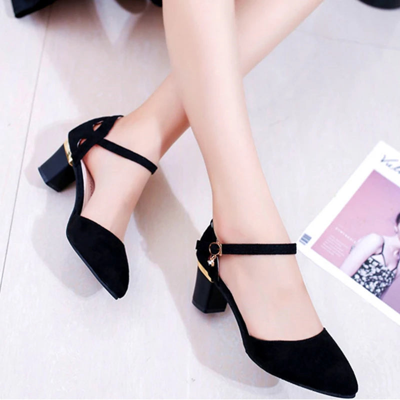 Zapatos clásicos Cresfimix de alta calidad para mujer, con tacón cuadrado rosa, para oficina y fiesta, con tacón flocado negro, A5986