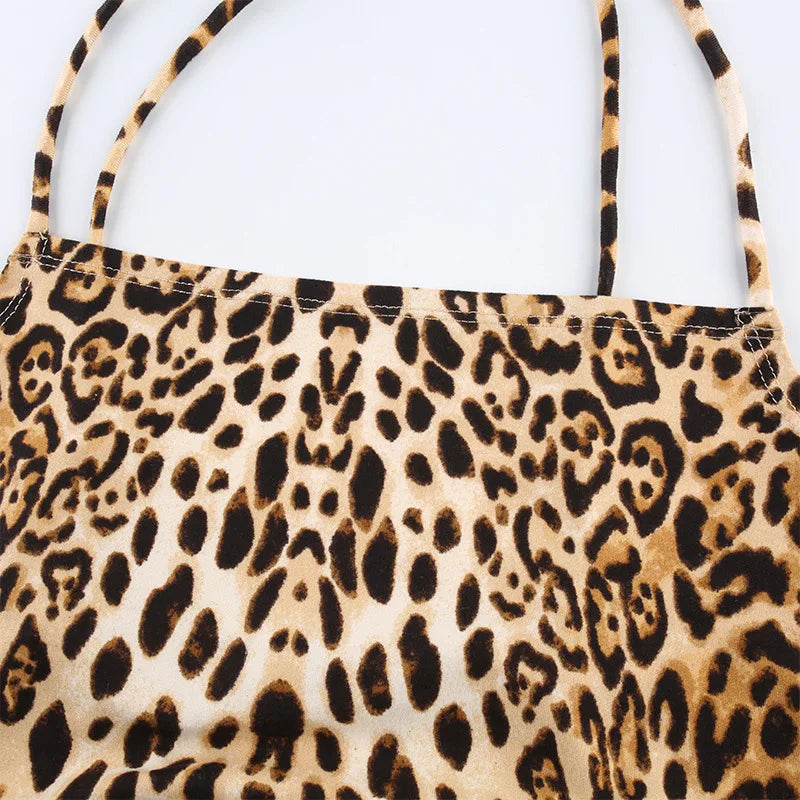 Regatas femininas com estampa de leopardo, costas nuas, trajes rave sensuais, sem mangas, cruzado, com cadarço, top curto, moda urbana de verão