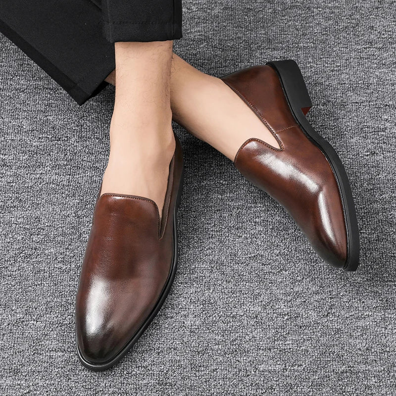 Zapatos formales de cuero sin cordones para hombre, mocasines casuales, zapatos de boda negros, elegantes zapatos Oxford de punta puntiaguda para oficina