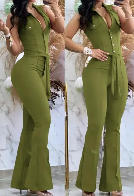 Macacão feminino sexy 2023, gola virada para baixo, sem mangas, skinny, alargado, peça única, roupa da moda, macacão