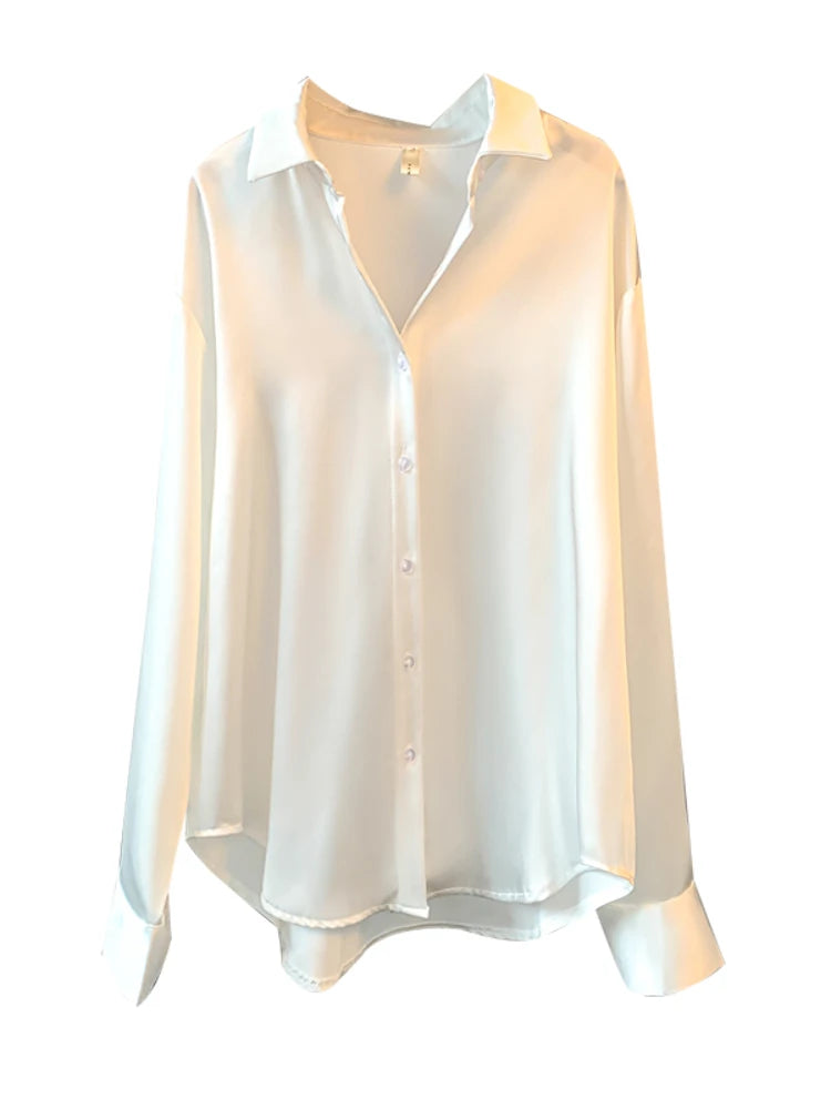 Blusa feminina de manga comprida para escritório, outono de 2023, sobrecamisa de cetim, roupa feminina elegante, estilo coreano, blusa de grife de luxo