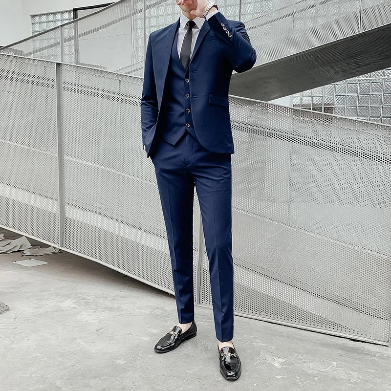 Terno (blazer + colete + calça) masculino, estilo executivo, slim, cor sólida, plus size, vestido justo, casamento, padrinho