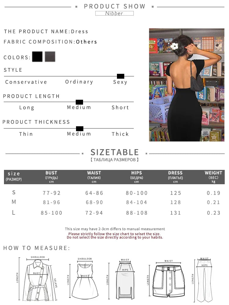Vestido maxi sexy sin espalda Nibber sólido para mujer, elegante, elástico, ajustado, de manga corta, largo, ajustado, ropa de calle