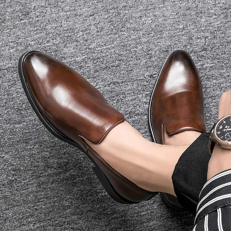 Zapatos formales de cuero sin cordones para hombre, mocasines casuales, zapatos de boda negros, elegantes zapatos Oxford de punta puntiaguda para oficina