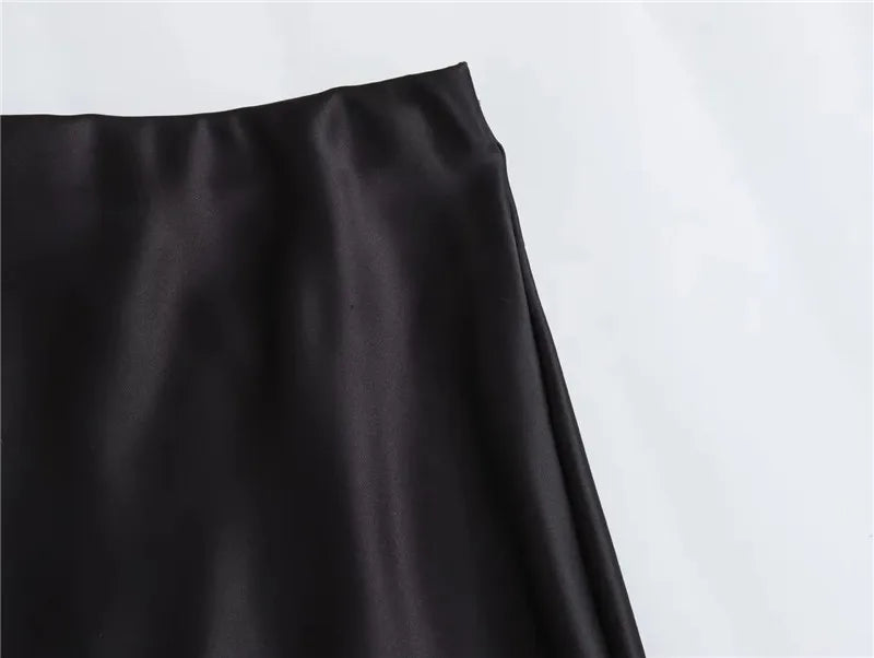 TRAF Mulher 2024 Saia de cetim feminina cintura alta saias longas para mulheres verão saia midi preta escritório elegante saias femininas