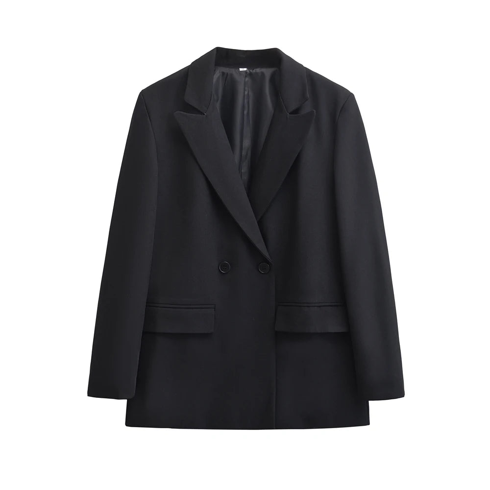 TRZA - Blazer feminino de abotoamento duplo para escritório, manga comprida, bolsos com aba, agasalho feminino, blusas chiques, moda