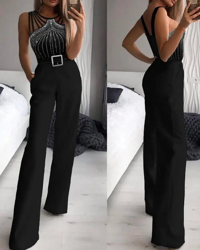 Macacão feminino sexy 2023, gola virada para baixo, sem mangas, skinny, alargado, peça única, roupa da moda, macacão