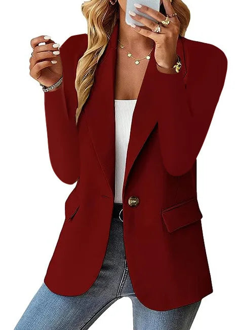 Blazer casual feminino da moda 2024 primavera outono novo cor sólida gola virada para baixo manga comprida casaco elegante para escritório