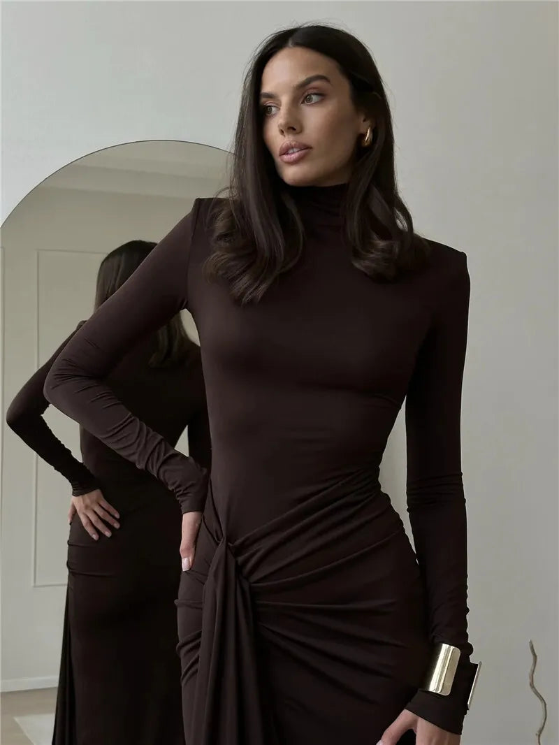 Mozision Vestido longo sexy com gola alta e fenda alta, para mulheres, moda, manga comprida, drapeado, bandagem, justo, clube, vestido longo