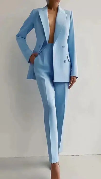 Conjunto de terno casual de manga comprida para primavera e outono, elegante, para escritório, feminino, cor sólida, slim, tops, blazer e calças, conjunto de duas peças, roupa feminina 2025