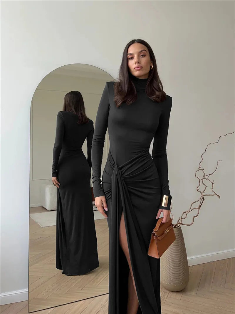 Mozision Vestido longo sexy com gola alta e fenda alta, para mulheres, moda, manga comprida, drapeado, bandagem, justo, clube, vestido longo