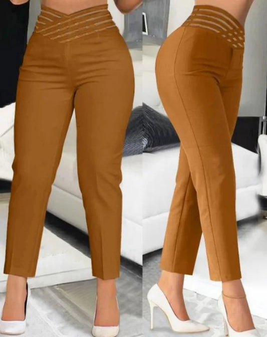 Calças femininas chiques da moda com detalhes de costura para escritório, vintage, cintura alta, zíper, calças justas femininas, calças de terno sólidas