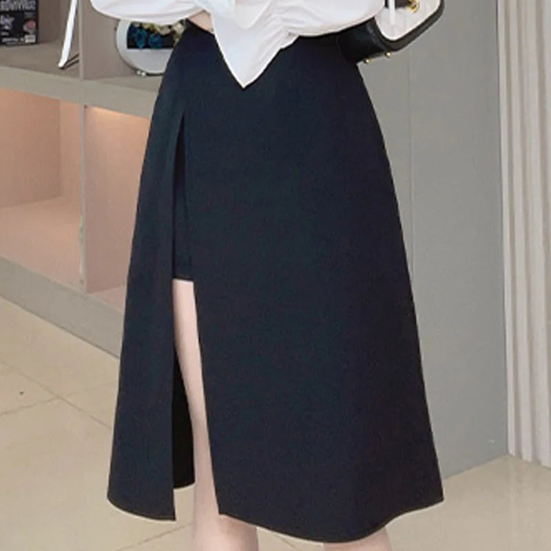 Falda negra de cintura alta con abertura irregular en la cadera para mujer, estilo Harajuku vintage de verano, longitud media, 2023