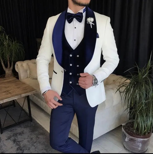 New Arrival Men's White Paisley Jacquard Blazer Set 3 Pieces Party Suit Groom Tuxedo Wedding Suits