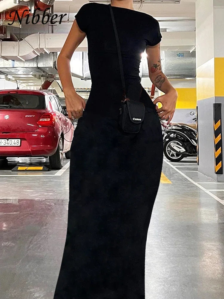 Vestido maxi sexy sin espalda Nibber sólido para mujer, elegante, elástico, ajustado, de manga corta, largo, ajustado, ropa de calle