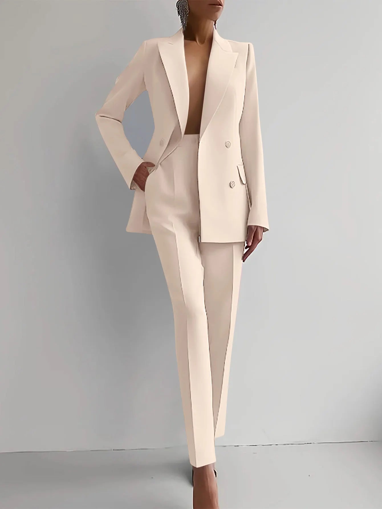 Conjunto de terno casual de manga comprida para primavera e outono, elegante, para escritório, feminino, cor sólida, slim, tops, blazer e calças, conjunto de duas peças, roupa feminina 2025