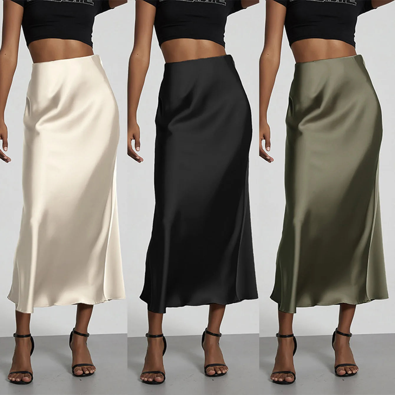 Falda larga de satén de moda para fiesta, cintura alta, color liso, informal, básica, de cola de pez, atuendo elegante de verano para mujer 2025