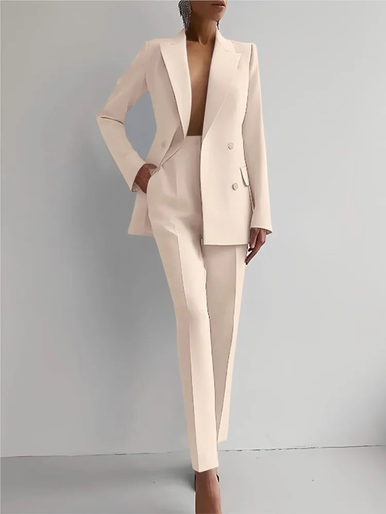 Conjunto de terno casual de manga comprida para primavera e outono, elegante, para escritório, feminino, cor sólida, slim, tops, blazer e calças, conjunto de duas peças, roupa feminina 2025