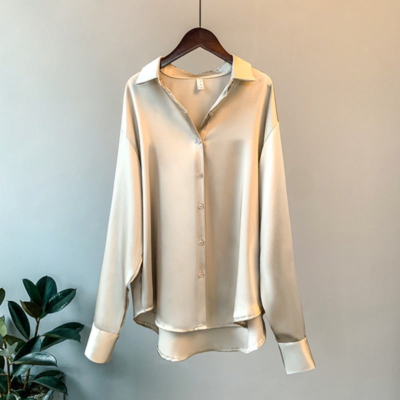 Blusa feminina de manga comprida para escritório, outono de 2023, sobrecamisa de cetim, roupa feminina elegante, estilo coreano, blusa de grife de luxo
