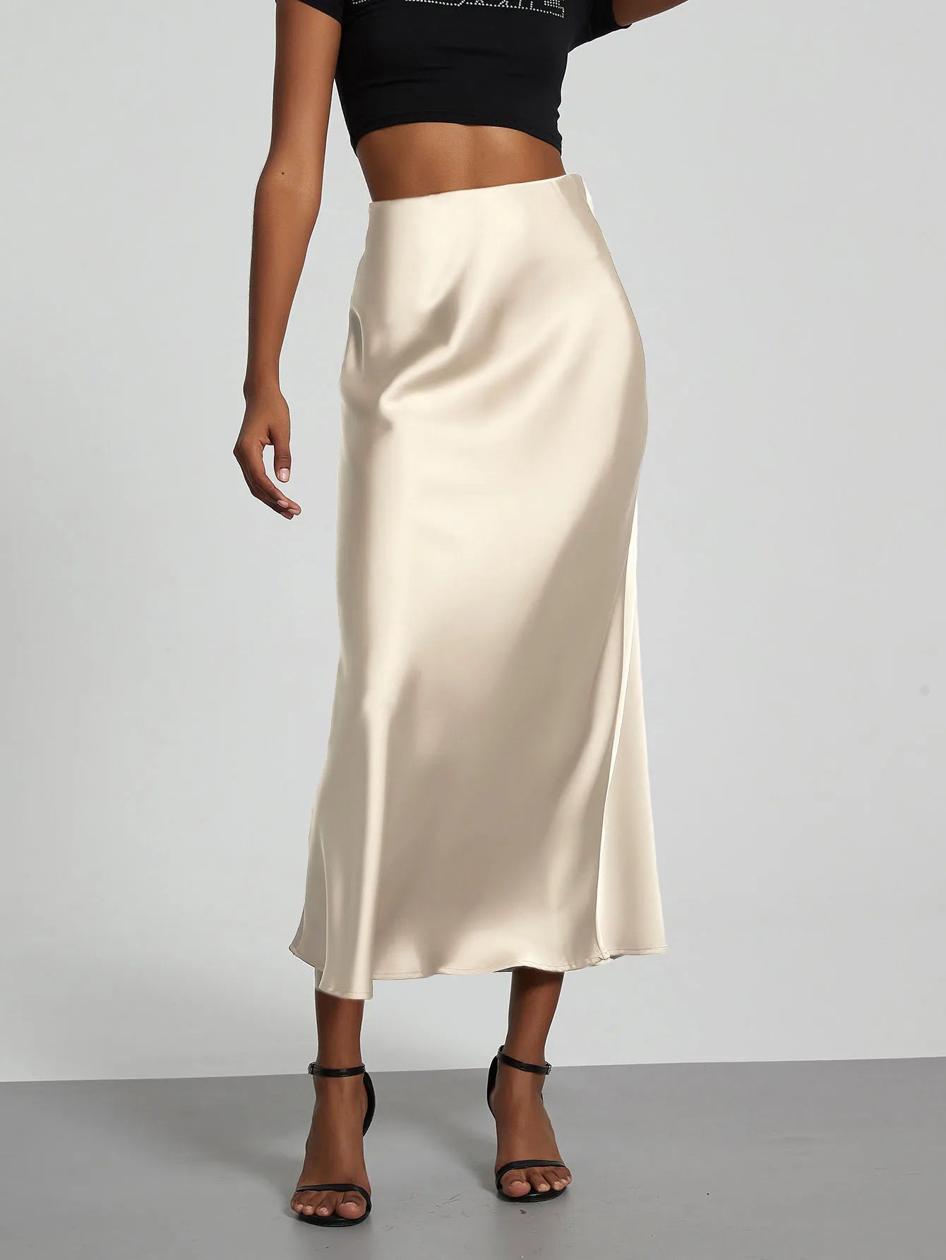 Falda larga de satén de moda para fiesta, cintura alta, color liso, informal, básica, de cola de pez, atuendo elegante de verano para mujer 2025