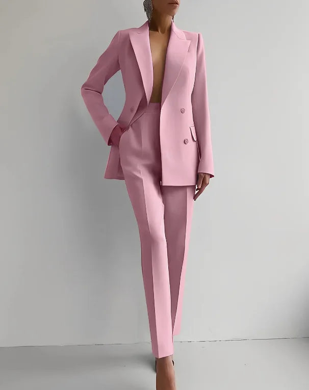 Conjunto de terno casual de manga comprida para primavera e outono, elegante, para escritório, feminino, cor sólida, slim, tops, blazer e calças, conjunto de duas peças, roupa feminina 2025
