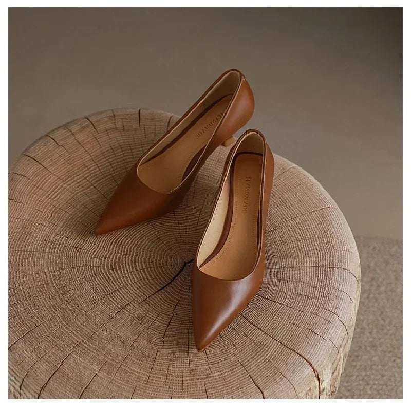 Zapatos de tacón alto de lujo para mujer, sandalias de tacón medio de aguja, para fiesta y oficina, elegantes, marrones, con tacón pequeño, sexis, 2019