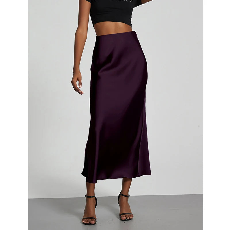 Falda larga de satén de moda para fiesta, cintura alta, color liso, informal, básica, de cola de pez, atuendo elegante de verano para mujer 2025