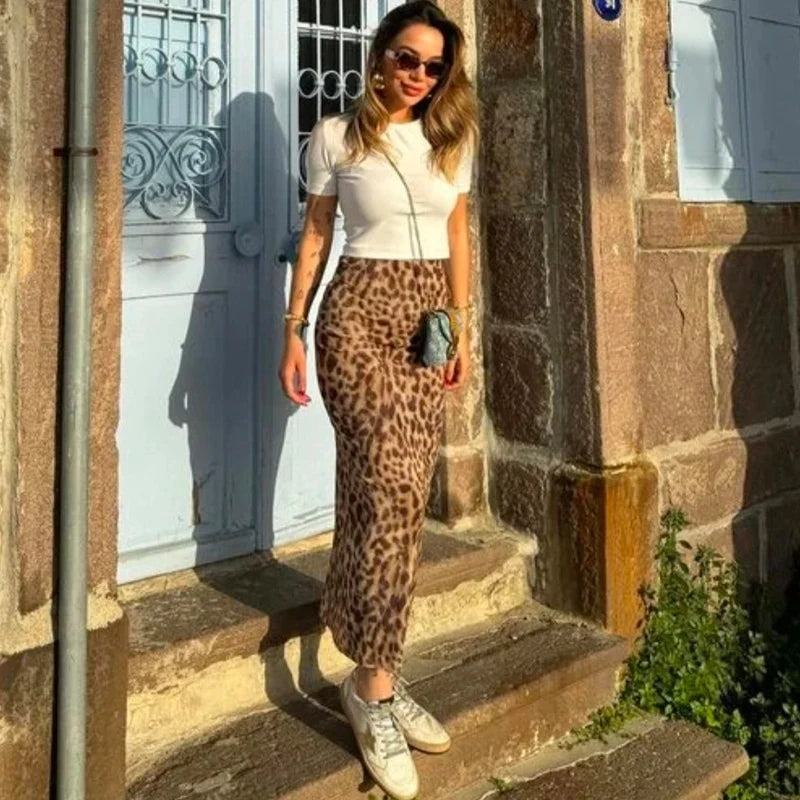 TRAF Saias Longas de Leopardo Femininas 2024 Primavera Verão Outono Elegante Festa Estampada Saias Femininas Moda Casual Escritório Saias Midi