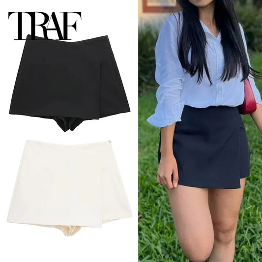TRAF 2024 Saia curta assimétrica feminina, preta, cintura alta, mini-saia, bermuda casual feminina, saia curta de verão