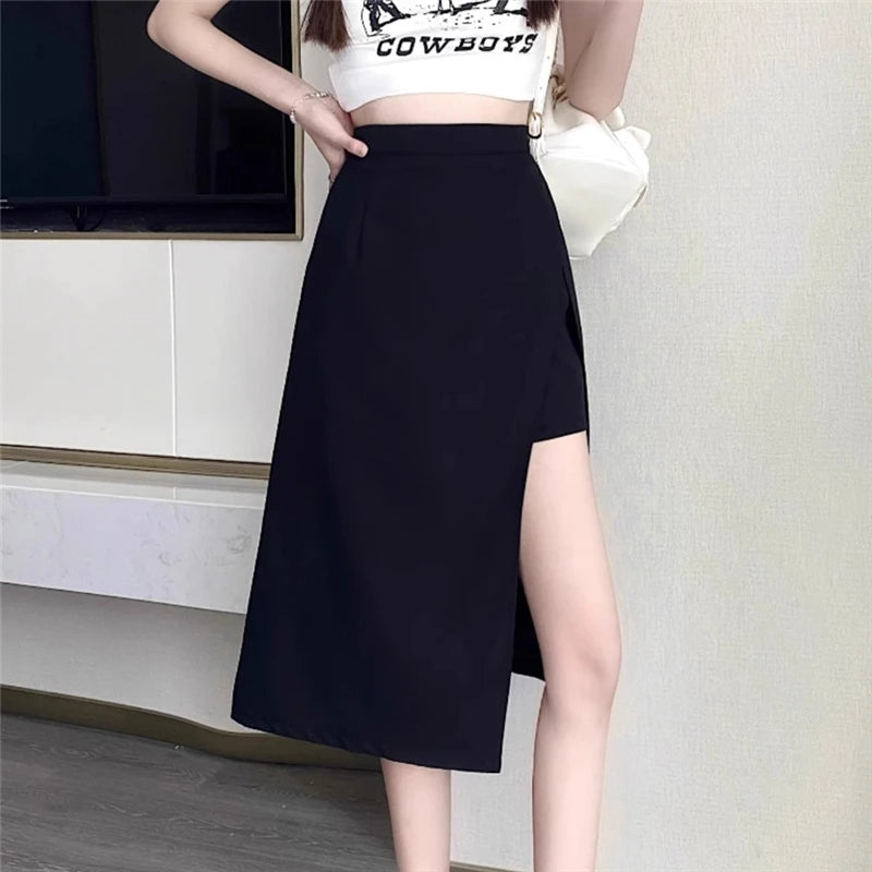 Falda negra de cintura alta con abertura irregular en la cadera para mujer, estilo Harajuku vintage de verano, longitud media, 2023