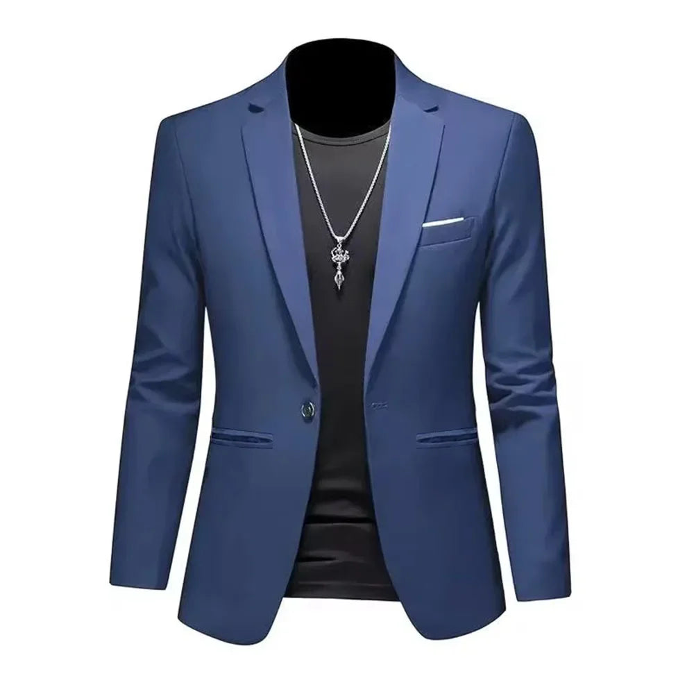 Chaqueta de traje informal de estilo boutique para hombre, de otoño, de corte entallado, sin planchado, con un solo botón, blusa formal lisa