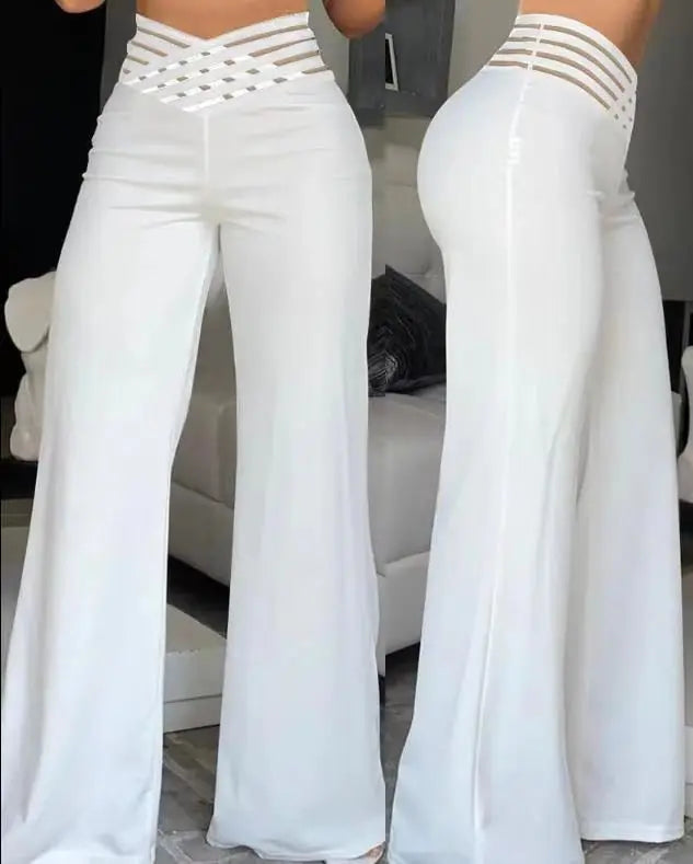 Calças femininas elegantes de cintura alta e pernas largas, primavera/outono, moda feminina, soltas, compridas, casuais, para escritório, sólidas, roupas femininas, novas calças
