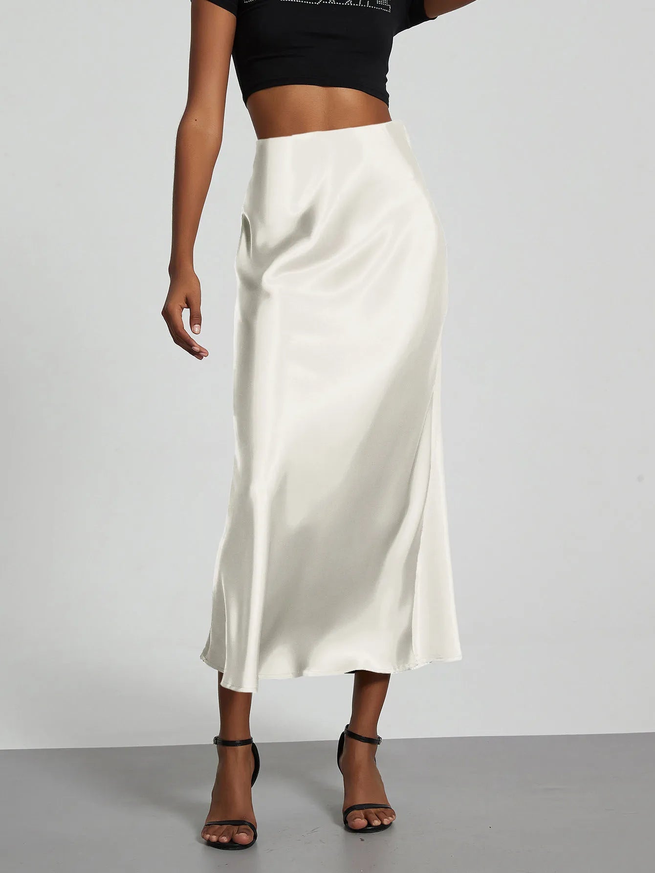 Falda larga de satén de moda para fiesta, cintura alta, color liso, informal, básica, de cola de pez, atuendo elegante de verano para mujer 2025