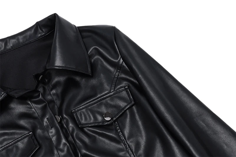 Xeemilo Jaqueta curta de couro sintético outono Y2K Gola virada para baixo Moda Botton Decoração Casaco de PU 2022 Casacos casuais de rua grunge