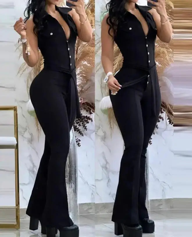 Macacão feminino sexy 2023, gola virada para baixo, sem mangas, skinny, alargado, peça única, roupa da moda, macacão