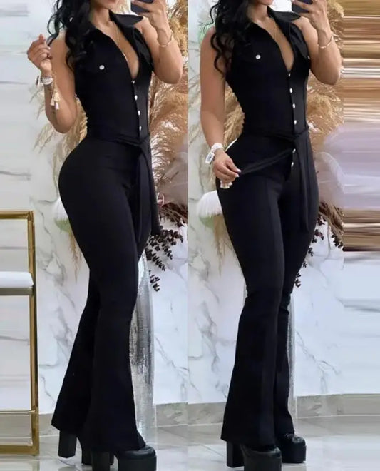Macacão feminino sexy 2023, gola virada para baixo, sem mangas, skinny, alargado, peça única, roupa da moda, macacão