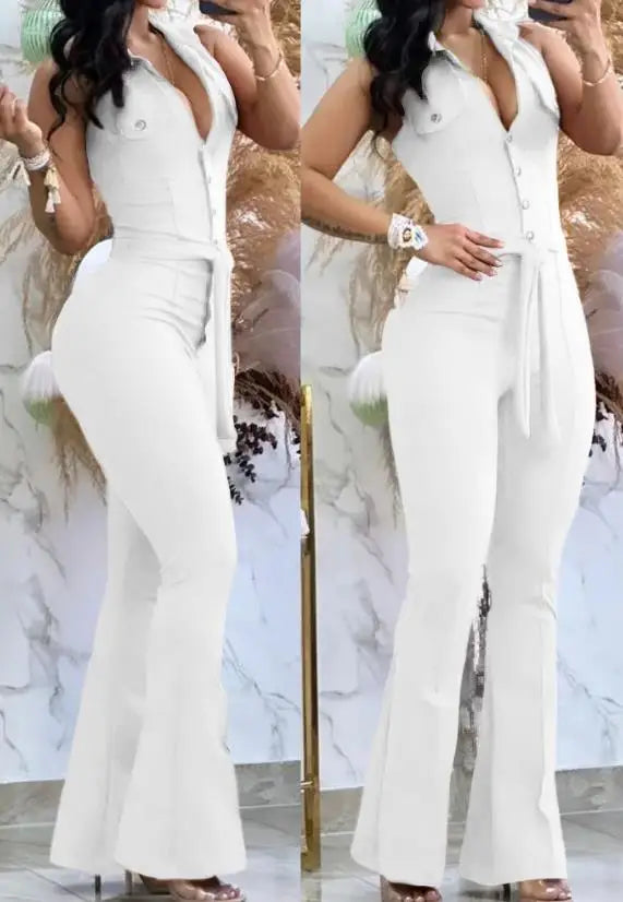 Macacão feminino sexy 2023, gola virada para baixo, sem mangas, skinny, alargado, peça única, roupa da moda, macacão
