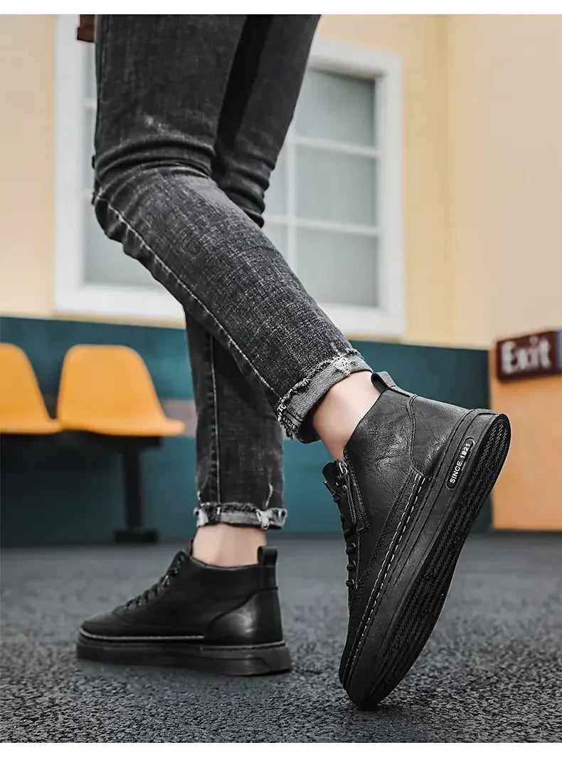 Botas masculinas de inverno, sapatos de couro de cano alto da moda, sapatos de algodão, botas de cano curto da moda, sapatos casuais para negócios e atividades ao ar livre, tênis masculinos novos
