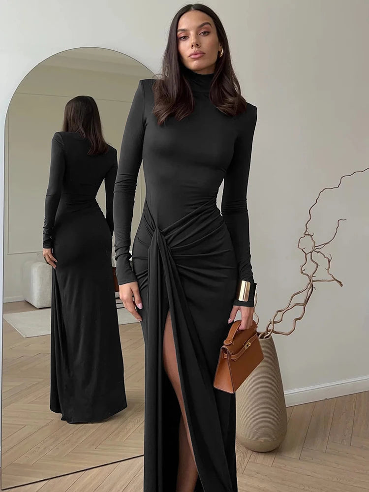 Mozision Vestido longo sexy com gola alta e fenda alta, para mulheres, moda, manga comprida, drapeado, bandagem, justo, clube, vestido longo