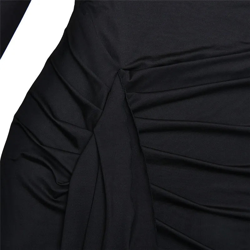 Mozision Vestido longo sexy com gola alta e fenda alta, para mulheres, moda, manga comprida, drapeado, bandagem, justo, clube, vestido longo