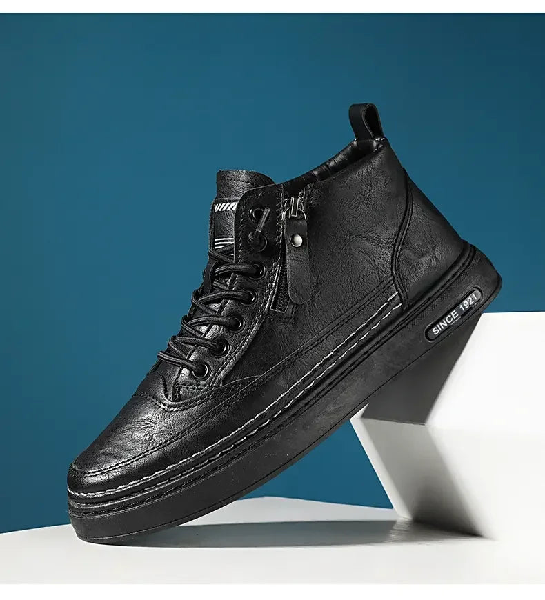 Botas masculinas de inverno, sapatos de couro de cano alto da moda, sapatos de algodão, botas de cano curto da moda, sapatos casuais para negócios e atividades ao ar livre, tênis masculinos novos