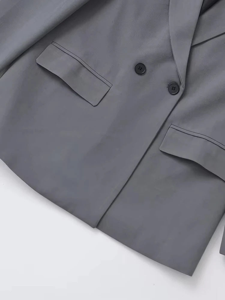 TRZA - Blazer feminino de abotoamento duplo para escritório, manga comprida, bolsos com aba, agasalho feminino, blusas chiques, moda