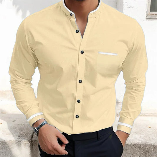 New European and American men's long-sleeved shirt casual business solid color lapel pocket daily comfortable top