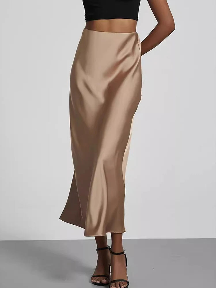 Falda larga de satén de moda para fiesta, cintura alta, color liso, informal, básica, de cola de pez, atuendo elegante de verano para mujer 2025