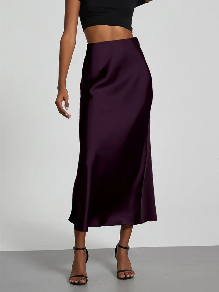 Falda larga de satén de moda para fiesta, cintura alta, color liso, informal, básica, de cola de pez, atuendo elegante de verano para mujer 2025