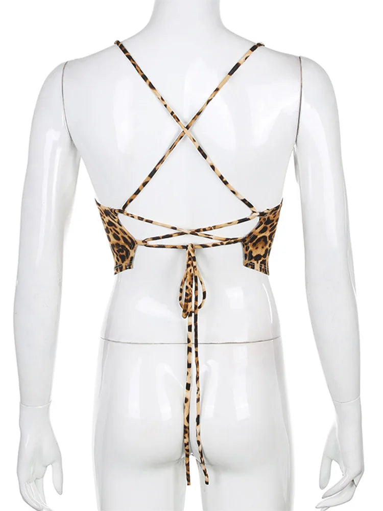 Regatas femininas com estampa de leopardo, costas nuas, trajes rave sensuais, sem mangas, cruzado, com cadarço, top curto, moda urbana de verão