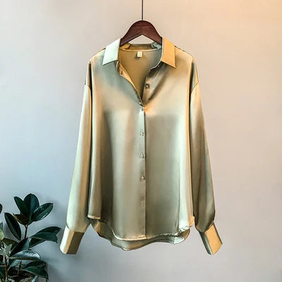 Blusa feminina de manga comprida para escritório, outono de 2023, sobrecamisa de cetim, roupa feminina elegante, estilo coreano, blusa de grife de luxo
