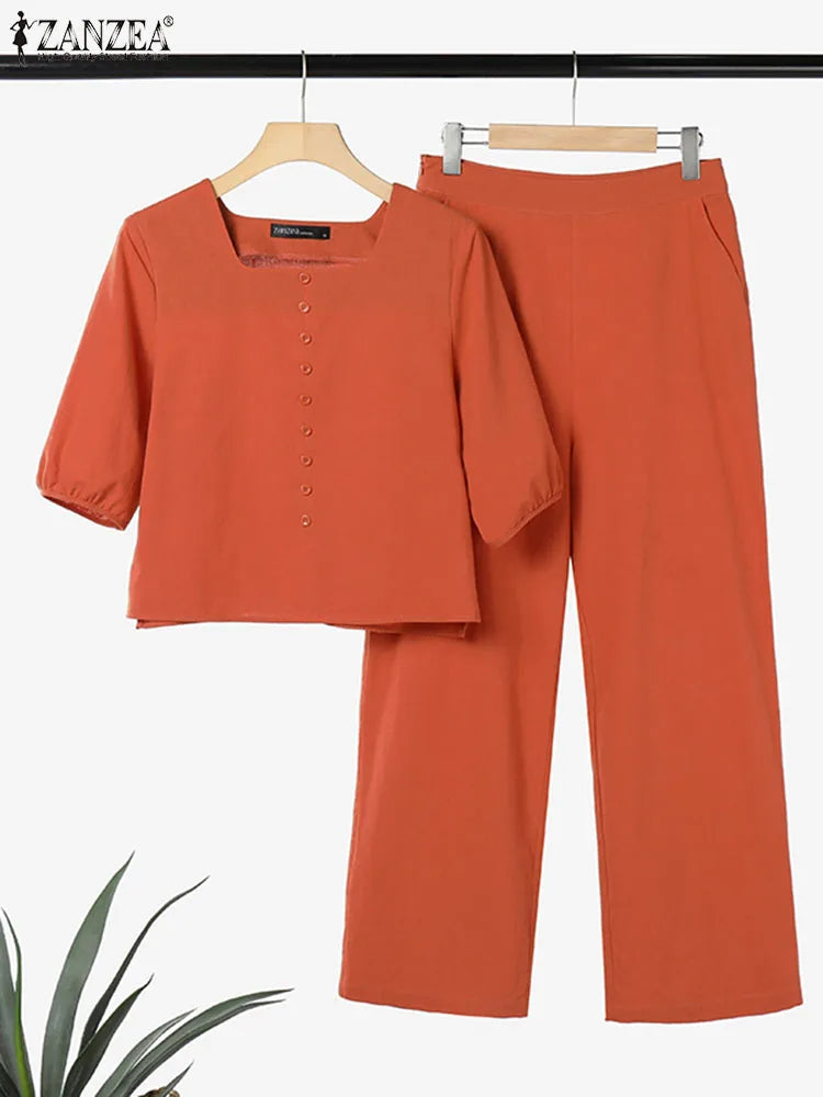ZANZEA Conjuntos de verão elegantes combinando femininos, conjuntos de calças com manga bufante, 2 peças, calças de trabalho lisas, OL, agasalho 2023