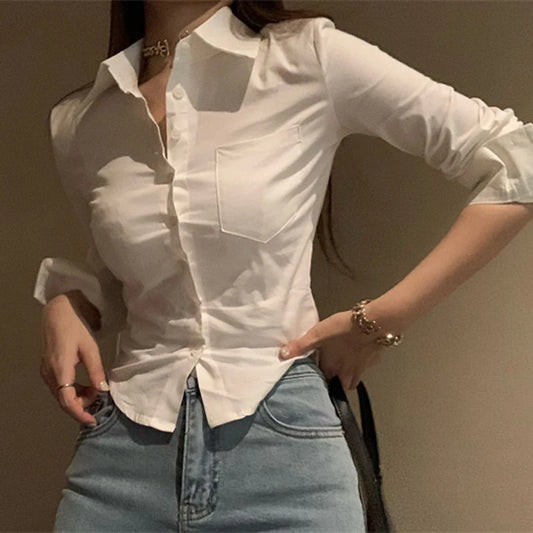 Gidyq Camisas Coreanas Elegantes Femininas Moda Streetwear Blusa Fina Feminina Primavera Y2K Casual Escritório Senhoras Sexy Tops Cropped Novos