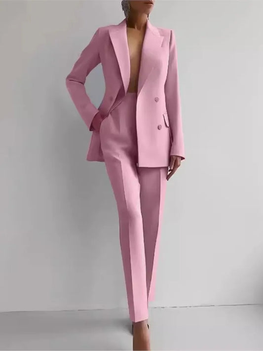 Conjunto de terno casual de manga comprida para primavera e outono, elegante, para escritório, feminino, cor sólida, slim, tops, blazer e calças, conjunto de duas peças, roupa feminina 2025